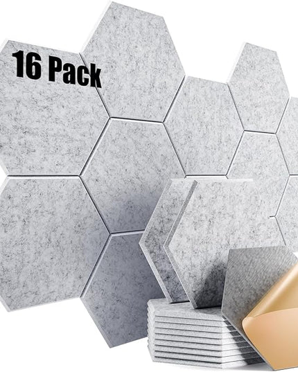 16 Pack Self-adhesive Acoustic Panels 12" X 10" X 0.4" - Sound Proof Foam Panels for wall with High Density, Hexagon Design, Flame Resistant, Absorb Noise and Eliminate Echoes(Silver Gray)