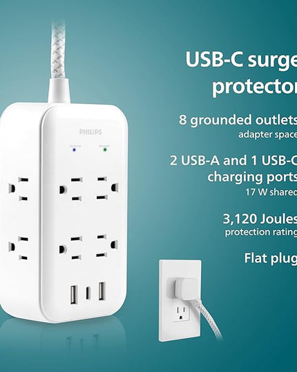 Philips Surge Protector, 8 Outlet, 2 USB-A, 1 USB-C, 17W, 3120J, Braided Cord, 6ft, White