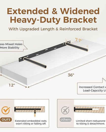 White Floating Shelves 36 Inch Long, 12 Inch Deep Floating Shelves for Wall, 36 x 12 Shelves for Wall Storage & Display, 2" Thick Floating Shelf for Bathroom, Living Room, Bedroom, Set of 2