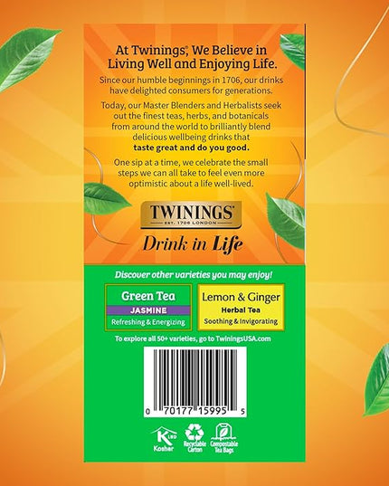 Twinings Pure Green Tea Individually Wrapped Bags, 50 Count (Pack of 6), Smooth Flavour, Enticing Aroma, Caffeinated, Enjoy Hot or Iced, 300 Teabags