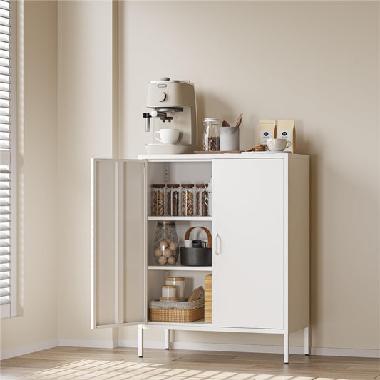 COFaR White Metal Storage Cabinet, 40” Kitchen Buffet & Coffee Bar Cabinet with Adjustable Shelves, 3-Tier Steel Organizer with Magnetic Doors, Sideboard for Dining Room, Home Office