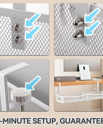 Cable Management, 25.3'' Under Desk Cable Management Tray No Drill, Metal Cable Organizer with Clamp for Wire Management, Cord Organizer for Home Office, Desk Accessories Organizer, White