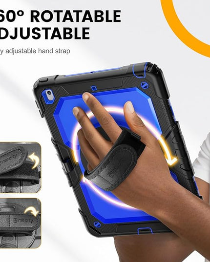 Timecity Case for iPad 9th/ 8th/ 7th Generation 10.2 inch - Heavy Duty Protective Cover with Screen Protector, Rotating Stand, Shoulder Strap & Pencil Holder | Kids-Friendly (Dark Blue)