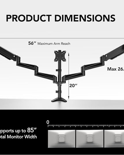 HUANUO Triple Monitor Mount for 17 to 32 inch Screens, Adjustment Gaming Triple Monitor Stand with Swivel, Tilt, Rotation, Clamp & Grommet Kit