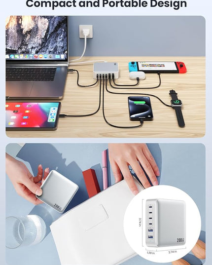 USB C Charger Block 200W[2025 Upgraded] GaN III 6 Port Fast Charging Station Hub,PD 65W USB C Laptop Charger Compatible with MacBook Pro/Air,iPad,iPhone 16/15,Galaxy S23/S24 Steam Deck Dell XPS etc