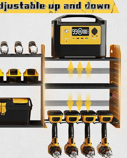 Power Tool Organizer with Charging Station Wall Mount, 3 Layer Expanded Heavy Duty Garage Organization, 45.5 Inch Length Garage Tool Storage, 8 Drills, 2 Assemble Method, Yellow