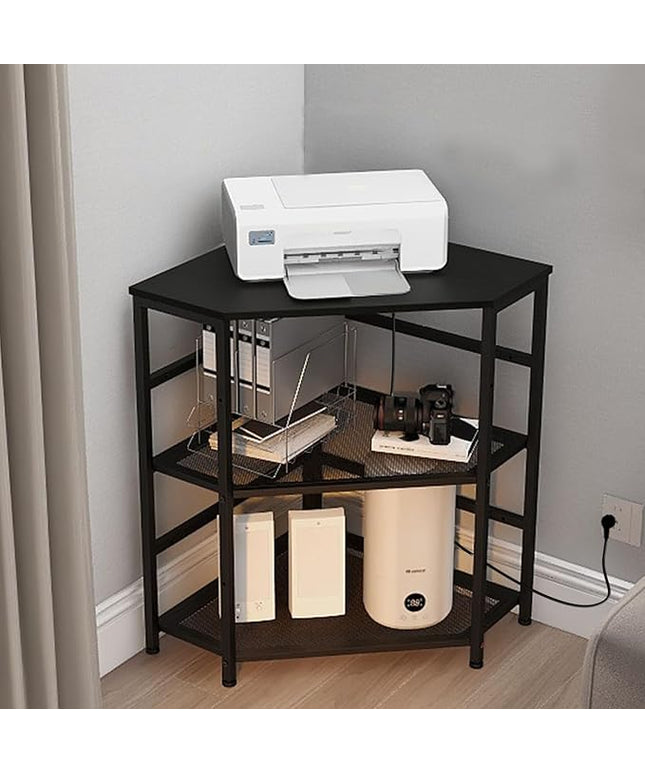 VEDECASA Corner Printer Stand Table with Power Outlet Charging Plugs USB Port Adjustable Storage Shelf Computer Tower CPU Stand Holder for Home Office (Black)