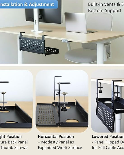 AEONS Universal Under Desk Cable Management Tray-Clamp Mount Hinged Swing Modesty Panel Organizer for Office Desks, Easy Access Flip-Down Position Power Strip Cord Storage No-Drill, 25 lb Capacity
