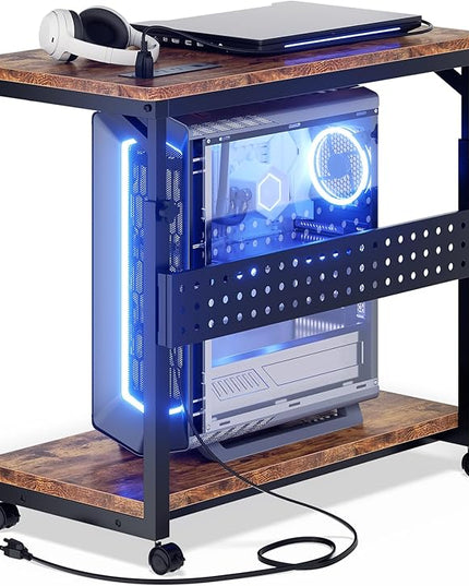 Computer Tower Stand with Power Strips, 4 Levels Manual Height Adjustable PC Tower Stand for Under Desk, Mobile Rolling CPU Holder, Computer Cart with Wheels, 24", Rustic Brown