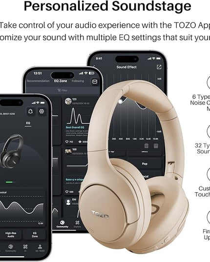 TOZO HT2 Hybrid Active Noise Cancelling Headphones, Wireless Over Ear Bluetooth Headset, 60H Playtime, Hi-Res Audio Custom EQ via App Deep Bass Comfort Fit Ear Cups, for Home Office Travel