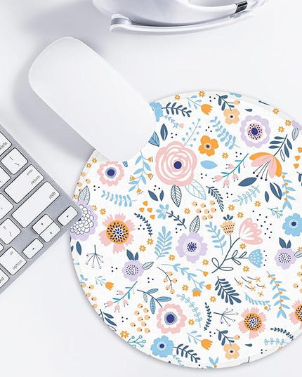 Pink Flowers Round Mouse Mat, Funny Small Mouse Mat with Non-Slip Rubber Base, Home Office Decor Desk Accessory, 8.7inch Round