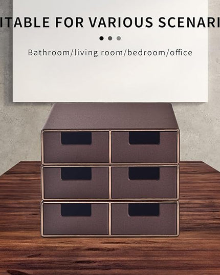 Linen Leather Desk Organizer and monitor stand with Drawers－Mini Desktop Drawer Organizer Stackable－Tabletop Organization Storage Box for Office Supplies Home Vanity Toiletries (Brown, 2-drawers)