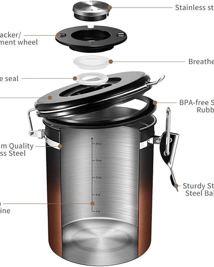 Veken Coffee Canister with Window,Airtight Stainless Steel Kitchen Food Storage Container, Date Tracker & Scoop for Grounds Coffee, Beans, Tea,Flour,Cereal,Sugar,22OZ,Copper