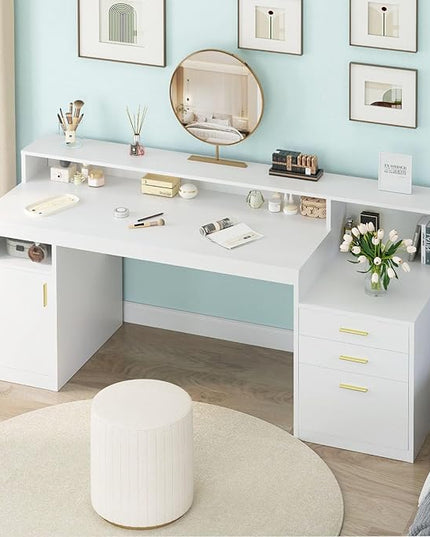 Computer Desk with 3 Drawer & Storage Shelves, Home Office Desk with File Drawer & Cabinet, Writing Study Table with Long Monitor Stand & Printer Shelf, Executive Desk, White