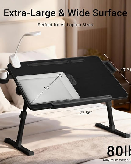 iXTRA Laptop Lap Desk with Cooling Fan - Adjustable Bed Desk with Light, Bed Table with Cup Holder&Phone Holder - Storage Drawer Desk - Folding Bed Desk,Black,70x45cm