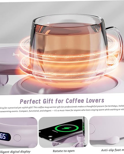 Coffee Mug Warmer for Desk, 3 Heating Setting 2-in-1 Rechargeable Mug Warmer ＆ Phone Chargers Timing Coffee Heater for Desk Home Office