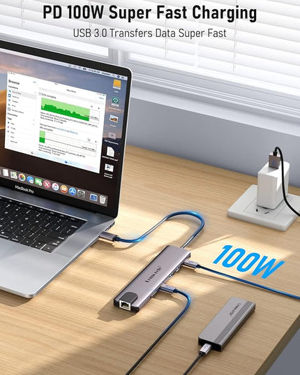 Aluminum Docking Station USB-C Hub with 2 HDMI, Gigabit Ethernet, 4 USB A, USB-C 3.0, PD 100W, SD/TF, 1000Mbps RJ45 LAN Dock Adapter for MacBook Docking Station Laptop, Supports 2 Monitor