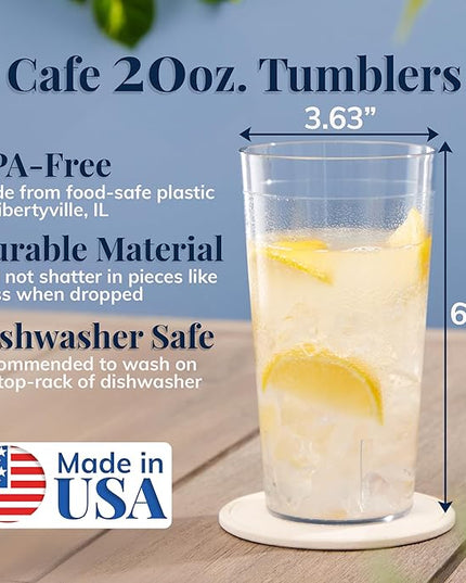 US Acrylic Cafe Plastic Reusable Tumblers (Set of 16) 20-ounce Water Cups in Clear | Value Set of Restaurant Style Drinking Glasses, Stackable, BPA-free, Made in the USA | Top-rack Dishwasher Safe