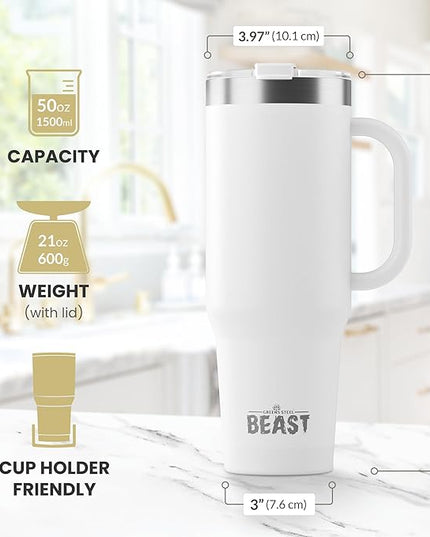 Beast 50 oz Tumbler with Handle Stainless Steel Vacuum Insulated Coffee Ice Cup Double Wall Travel Flask (Arctic White)