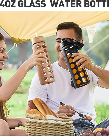 MUKOKO Glass Water Bottles, 24oz Glass Tumbler with Straw, Drinking Bottles with 2 Lids-Handle Spout Lid&Bamboo Straw Lid, Motivational Water Bottle with Time Marker and Silicone Sleeve, 1 Pack-Amber