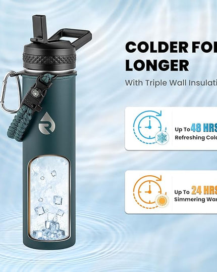 Insulated Water Bottle 24oz, Triple Wall Vacuum Stainless Steel (Cold for 48 Hrs, Hot for 24Hrs), Leak Proof & Non-BPA, 24oz Hydro Water Flask with Paracord Handle & Straw Spout Lids