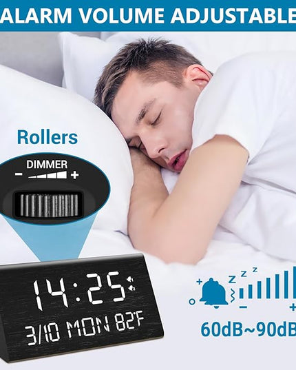 Kogonee Wooden Digital Alarm Clock, 0-100% Dimmer, 2 Alarm Settings, Weekday/Everyday Mode, 9 Mins Snooze, 12/24H, Temperature and Date Display for Office, Travel, Bedroom Alarm Clock (Black)