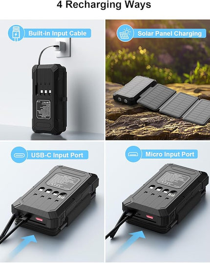 Solar Charger Power Bank 49800mAh with 4 Built-in Cables & 4 Foldable Panels, PD22.5W Fast Portable Phone Charger, External Battery Pack with USB-C in/Output & Flashlight for Outdoor Camping