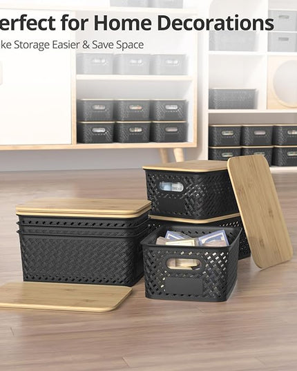 Plastic Storage Bins with Bamboo Lids, Stackable Small Box Baskets for Organizing and Containers for Shelves Drawers Desktop Closet Pantry Classroom Office Home, 6 Pack 10.2x7.2x4.1 Inch, Black