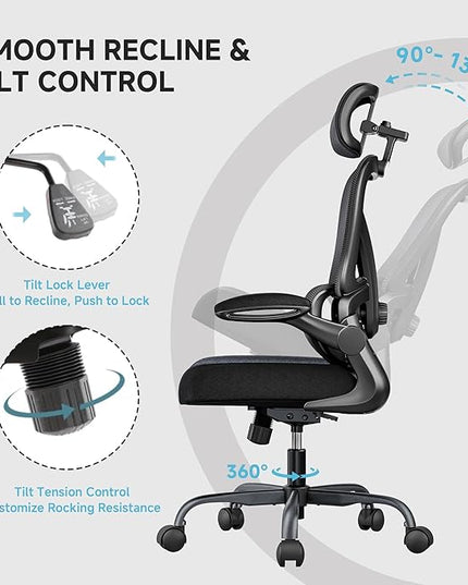 Ergonomic Office Chair, 330LBS Desk Chair with 3-Level Lumbar Support & Headrest, Breathable Mesh Backrest, Flip-Up Armrests for Home Office and Gaming, Black