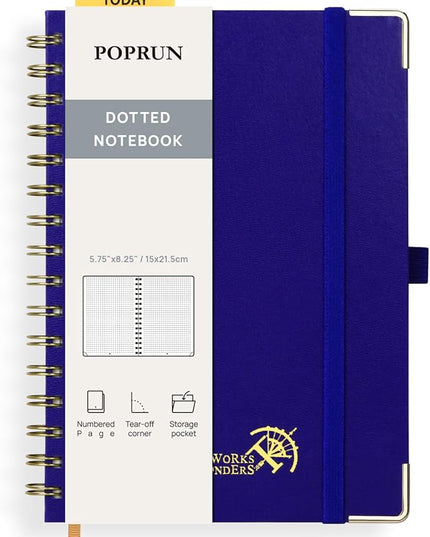 POPRUN Spiral Dotted Journal Notebook, [A5-5.75'' x 8.25''] - 120 GSM Thick Paper, 141 Numbered Pages, Hardcover for Men & Women with Pocket, Index Tabs, 8 Perforated Sheets, Royal Blue