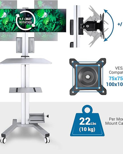 Yescom Mobile PC Stand Workstation with 2 Poles Dual Monitor Mount for 32" Screen Sliver