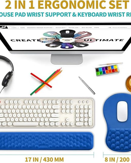 Hokafenle 2 in 1 Ergonomic Mouse Pad Wrist Support & Wrist Rest for Computer Keyboard Set, with Relieve Carpal Tunnel Pain Massage Bulge and Full Memory Gel Design (2In1 Set, Dg Blue)