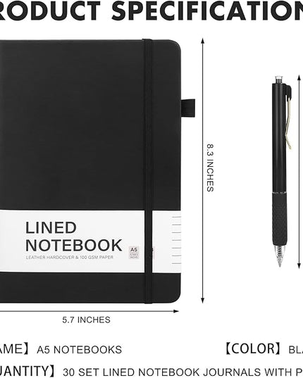 Aodaer 30 Set Lined Notebook Journals with Pens A5 Notebooks 100 GSM College Ruled Hardcover Notebook PU Leather Notepad with Pen Holder for Office School, 5.7 x 8.3 Inches, Black
