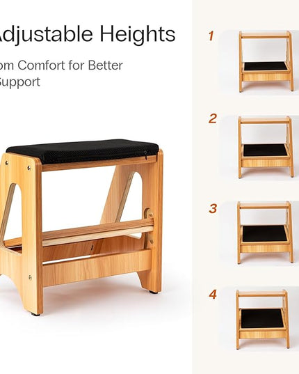 StrongTek Double Step Footrest, Adjustable Wooden Foot Stool with 3 Height Levels, Cushioned Top & Non-Slip Base, Ergonomic Under Desk Leg Rest for Office Home