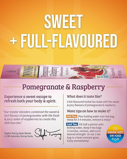 Twinings Pomegranate & Raspberry Herbal Tea Individually Wrapped Bags, 20 Count (Pack of 6), Naturally Caffeine-Free, Enjoy Hot or Iced, 120 Teabags