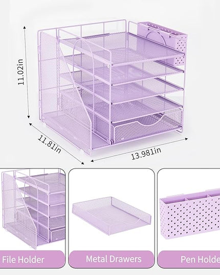 OUTIOE Desk Organizer with Drawer and Pen Holder, 5-Tier Paper Letter Tray Organizer with File Holder, Suitable for Workspace Organizer Office Supplies Storage (Purple)