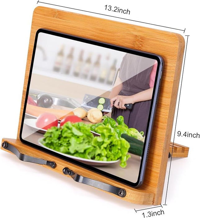 MEGREZ Bamboo Book Stand 13.2 x 9.4 Inch, Foldable Cookbook Holder With 6 Adjustable Heights, Reading Holder for Recipe, Music, Textbook, Tablet Stand, Rose