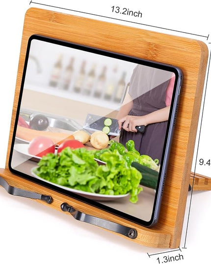 MEGREZ Bamboo Book Stand 13.2 x 9.4 inch, Foldable Cookbook Holder with 6 Adjustable Height, Reading Book Holder for Recipe, Music Book, Textbook, Tablet Stand, Butterflies