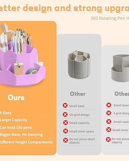 Pencil Pen Holder for Desk,9 Slots 360 Degree Rotating Desk Organizers,Desktop Storage Stationery Supplies Organizer, Cute Pencil Cup Pot For Office, School, Home(Purple)