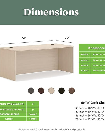 HON MOD Executive Desk 72-Inch Large Computer Desk Shell, Thick Wooden Laminate, Modern Table with Cord Management, 72" W x 30" D x 29" H, Desert Oak