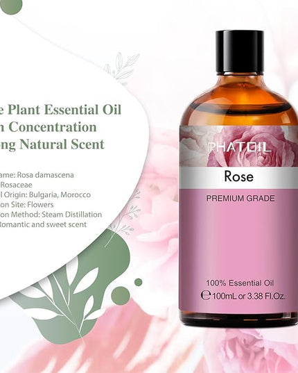 PHATOIL 3.38FL.OZ Rose Essential Oil with Glass Dropper, for Aromatherapy Diffusers, Humidifiers, Great for DIY Candle and Soap Making, Huge 100ML Bottle