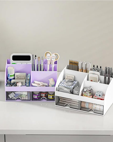 Desk Organizer with 6 Compartments and 2 Drawers, Plastic Makeup Organizer, Pen Holder for Desktop Storage, Desk Organization for School, Home, Office Supplies (Purple)