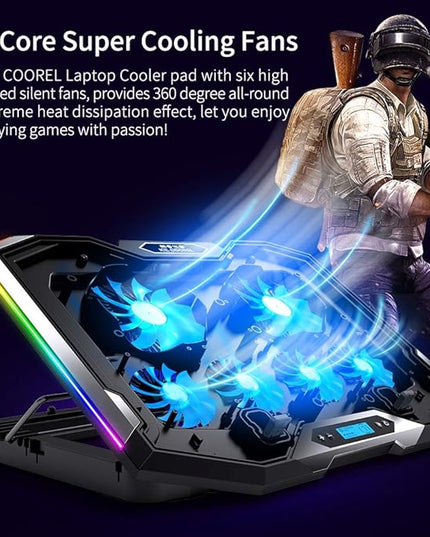 ICE COOREL Gaming Laptop Cooling Pad 15-17.3 Inch, Laptop Fan with 6 RGB Cooling Fans, Laptop Cooling Stand with 6 Height Adjustable, Laptop Cooler with LCD Screen, 2 USB Ports, Phone Stand