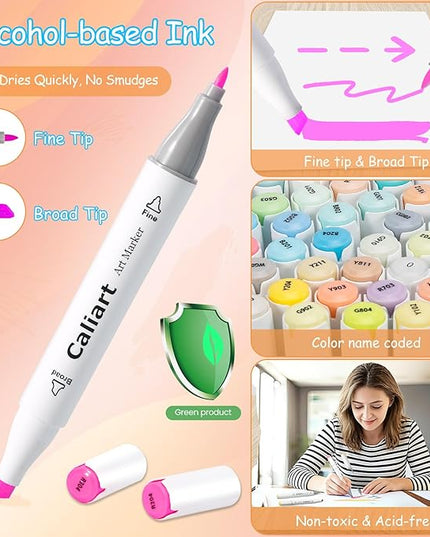 Caliart Pastel Markers, 61 Colors Dual Tip Art Markers Sketch Pens Permanent Alcohol Based, with Case for Adults Artists Drawing Illustration Sketching Coloring