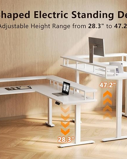 AODK Electric L Shaped Standing Desk, 59 Inch Height Adjustable Stand Up Desk with Power Outlets ＆ Full Monitor Stand, Reversible Corner Desk for Home Office ＆ Computer Workstation, White