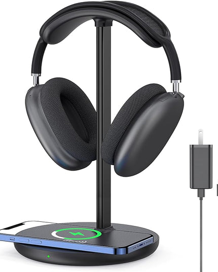 Headphone Stand with Wireless Charger, Gaming Headset Holder Hanger Rack 2 IN 1 Wireless Charging Station Dock for iPhone 15/14/13/12/11 Series, Samsung, AirPods Pro/3/2 and Desk All Headphones, Black