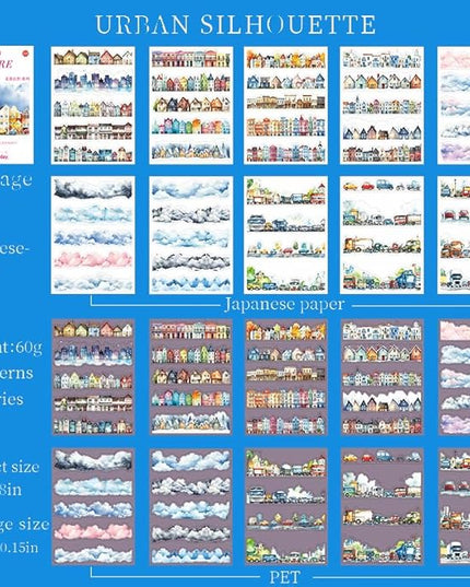 20 Sheets City Landscape Pre-Cut Journal Stickers Book for Journaling, Scrapbooking, Dual Transparent PET and Washi Stickers for Adults Junk Journals, Bujo, Collage, Planner, Album