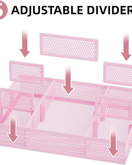 Marbrasse 2 Pack Desk Drawer Organizer, Mesh Drawer Organizer Tray with 8 Adjustable Compartments, Desk Organizers and Accessories, 5 Dividers Drawer for Office Supplies, Makeup & Vanity (Pink)