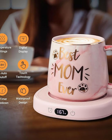 Coffee Mug Warmer & Best MOM Ever Mug Set, Electric Cup Warmer for Desk, Beverage Warmer with 4 Temperature Setting, 8H Auto Shut Off, Mom Gifts from Daughter Son