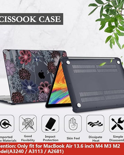 CISSOOK Compatible with MacBook Air 13.6 inch Case 2022 2023 2024 2025 Model A2681 A3113 A3240, Plastic Hard Case with Keyboard Cover Screen Protector Type C Adapter, Texture Flowers